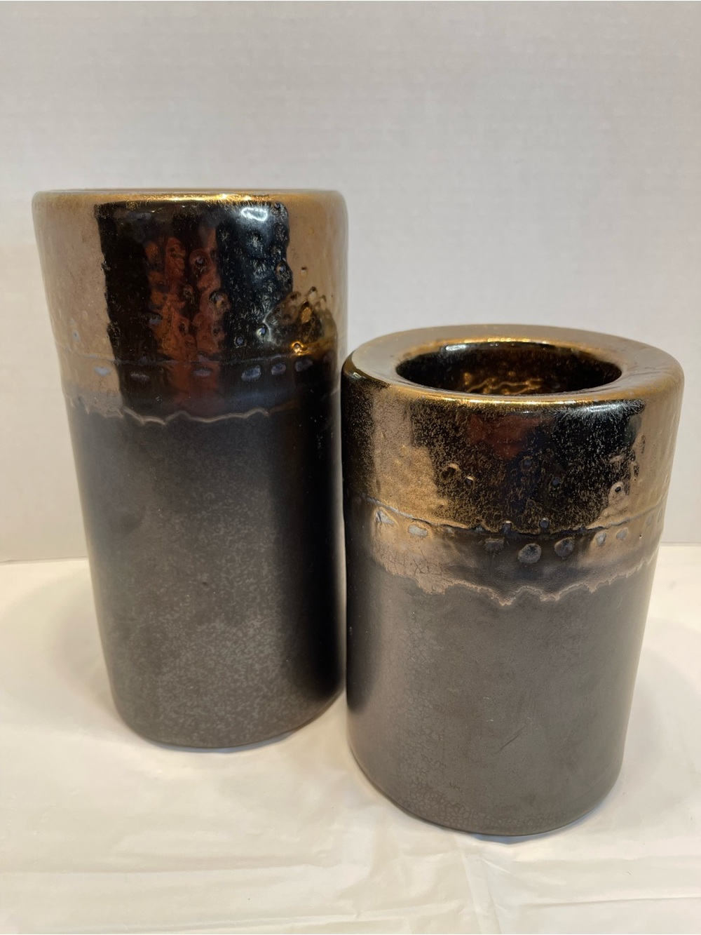 Metallic Gold and dark brown Ceramic Accent Candle Holder Pillar Pair